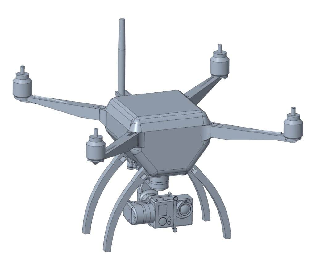 CAD view of a 3d printed drone frame with an attached camera and gimbal